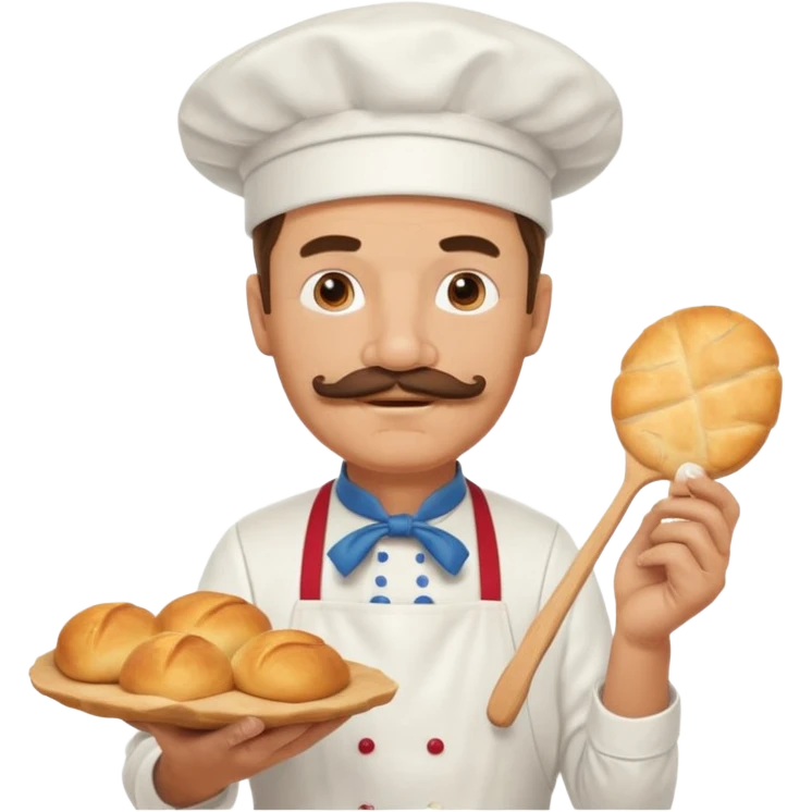 Middle aged male pastry chef - with a mustache, apron, white hat, holding bread emoji