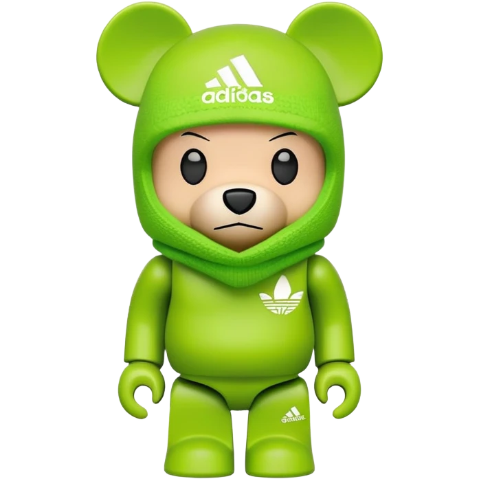 bearbrick toy with cubic design, wearing a lime green balaclava with Adidas trefoil logo, clear aggressive eyebrows, proper bear figure emoji