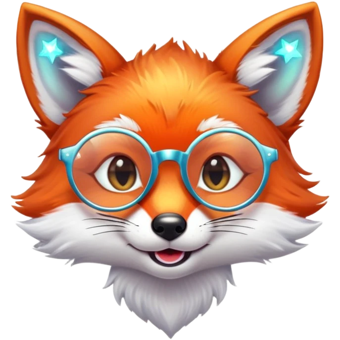 A sly fox with iridescent fur, a glowing tail, a silver star on its forehead, and round glasses, giving a mischievous smirk emoji