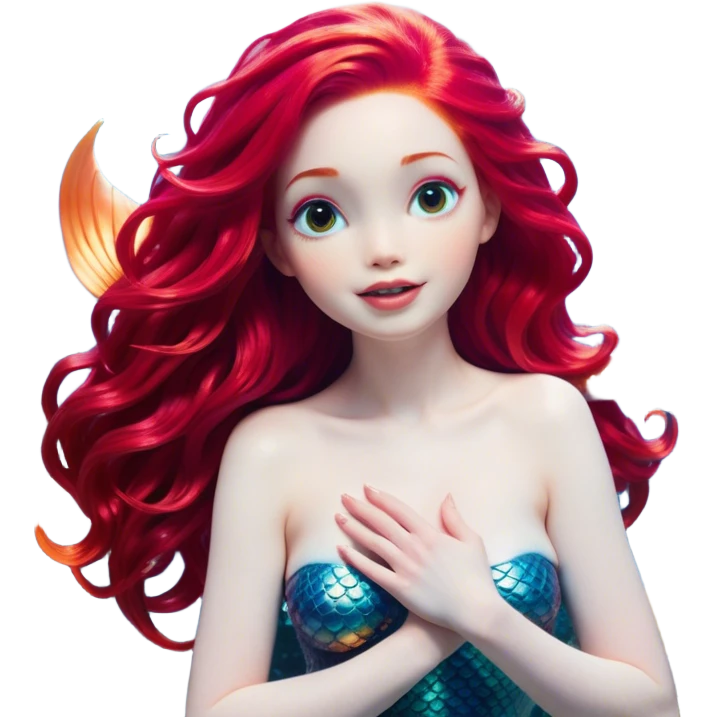 Cinematic Realistic Red Hair Mermaid Portrait, head tilted dramatically with an exaggeratedly amused expression, featuring a striking, vibrant form with meticulously detailed, flowing red hair and luminous porcelain skin. Her expressive eyes burst with playful marine mischief, rendered with dynamic underwater lighting and vibrant textures that convey an air of cheeky oceanic whimsy and over‐the‐top mermaid charm. emoji