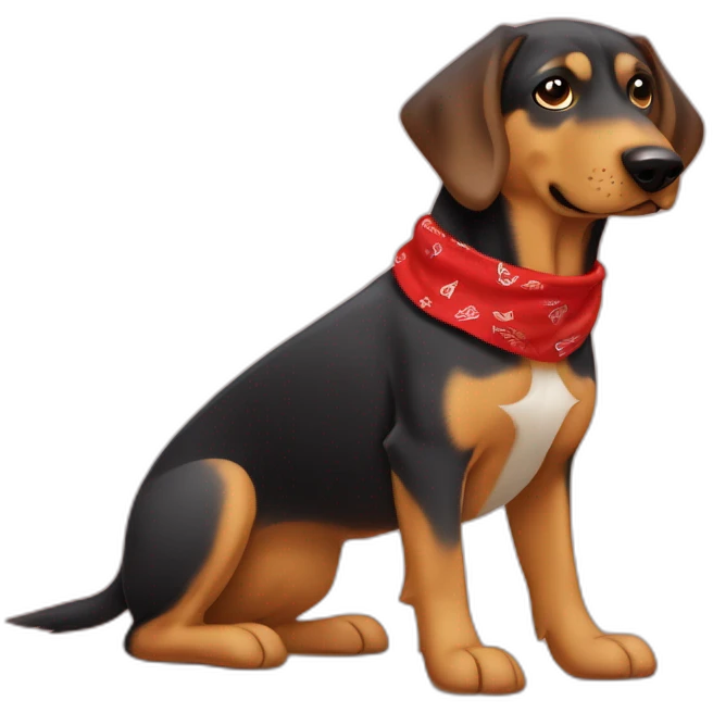 coonhound and German shepherd mix dog wearing small plain red bandana and walking left emoji