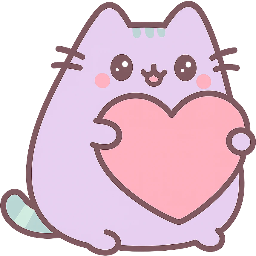 Pusheen hugging a big heart, pastel purple and mint, extra cute, kawaii style emoji