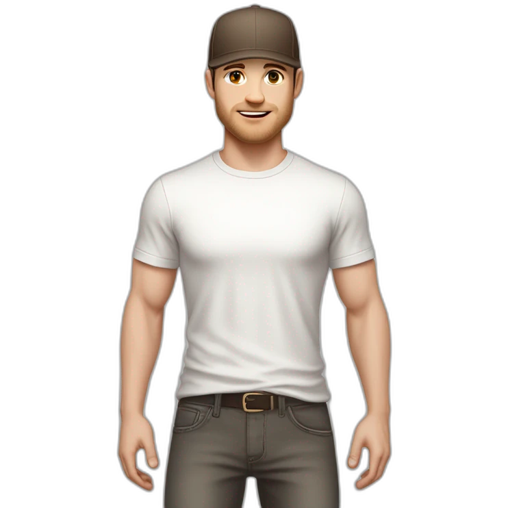 Pale skinned fit Man with dark brown hair in a light gray cap, dark brown jeans, brown polo and white T-shirt keeping a pasted with tape white box into his hands emoji