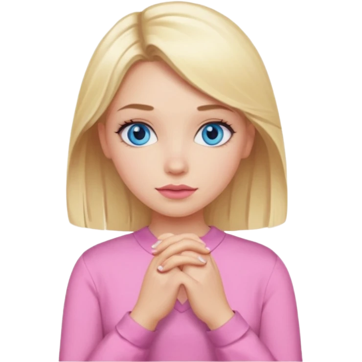 A girl with blue eyes, full lips and blonde hair in a pink blouse shows no with her hands, crossing them emoji