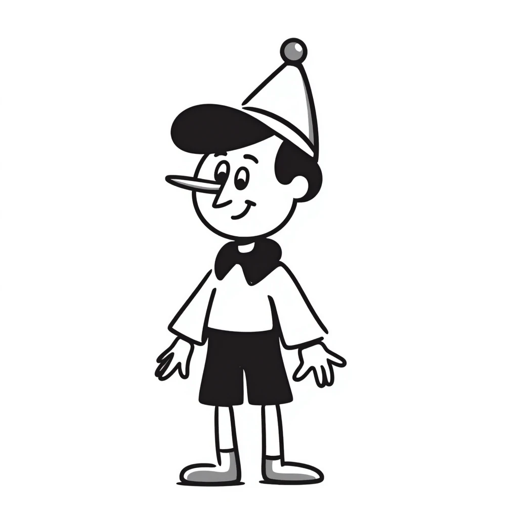 Hand-drawn Pinocchio puppet with a very long nose, wearing blue clothing and pointed hat emoji