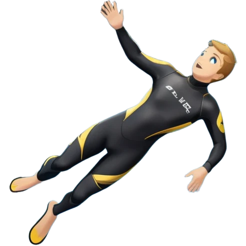 A diver mid-air, plunging from a high cliff into the sparkling ocean below. The background features rugged cliffs, clear blue water, and a bright sky, emphasizing the excitement and danger of the sport with a sense of freedom and adventure. emoji