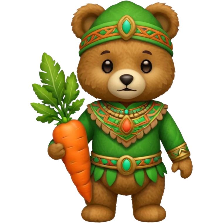 teddy bear, wearing green mayan ancient custome, with carrot half body emoji