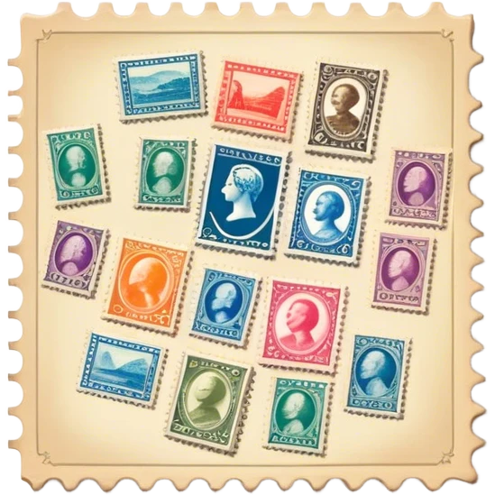 Icon for Stamp Collecting: a large stamp block in the center and a collection of vintage and colorful stamps arranged in an album or on a desk around, with showcasing different themes. The icon should reflect the charm and history of philately. Transparent background. emoji