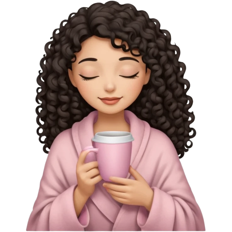 woman with hispanic medium skin tone, black long 3b curls, closed eyes, feminine face, holding soft pink coffee cup with beige blanket over shoulders emoji