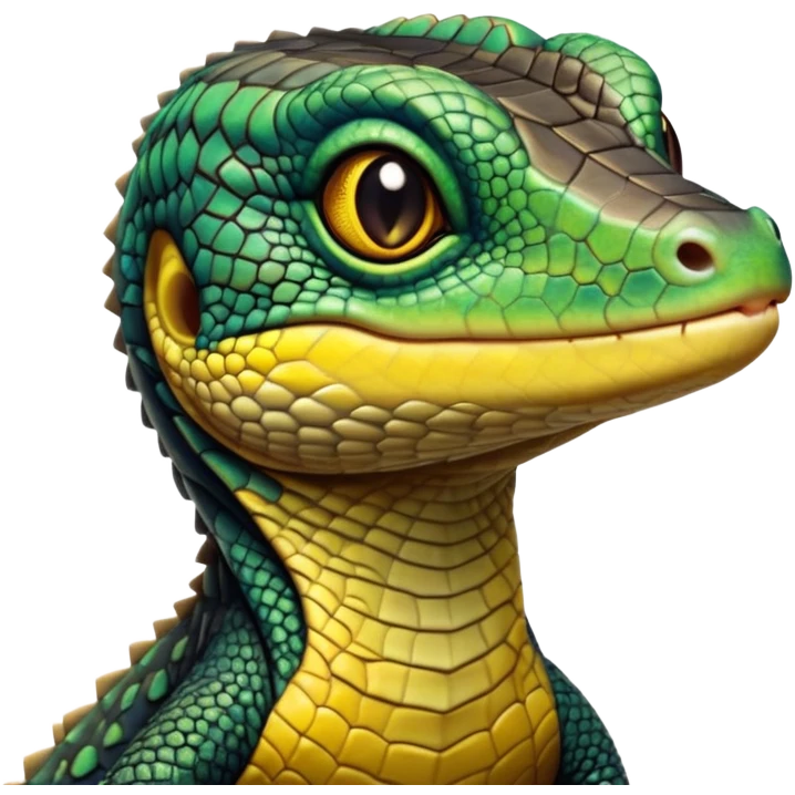 cinematic-realistic-cute-monitor-lizard-portrait-emoji,-head-tilted-playfully-and-inquisitively,-featuring-a-compact,-agile-body-with-finely-detailed,-glossy-scales-in-earthy-black and yellow-hues-and-a-distinct,-alert-face-with-bright,-curious-eyes, black , yellow spotted and green band  scales and a big long neck emoji