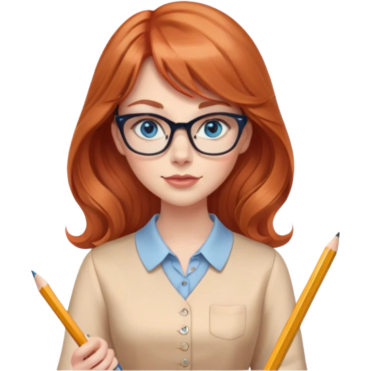redheaded woman with long wavy hair and bangs, blue eyes, cat-eye glasses, wearing a pencil skirt and apricot blouse, holding a pencil emoji