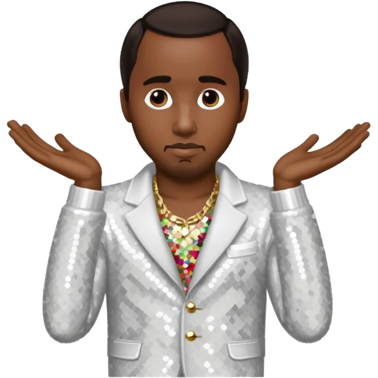 P Diddy with dark brown hair, white sequin outfit emoji