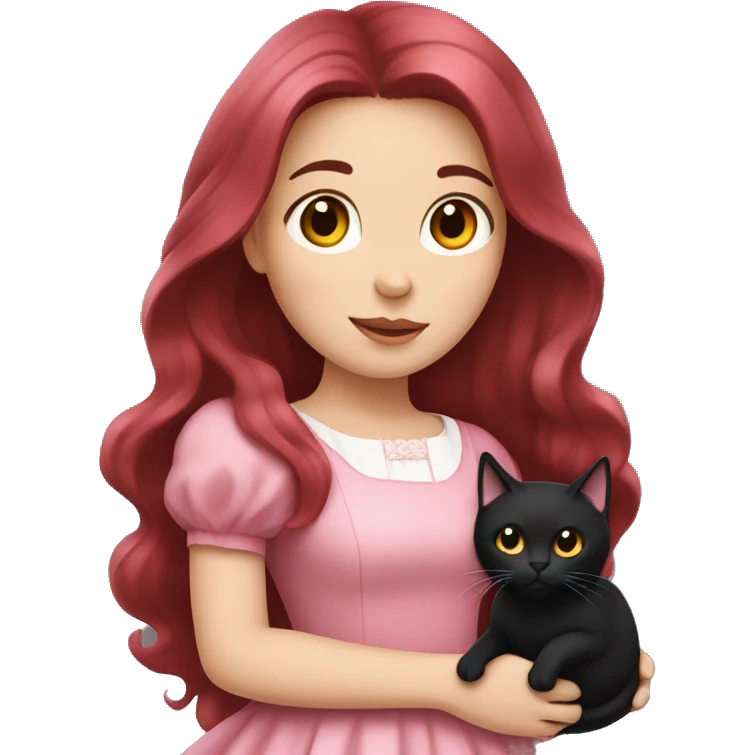 Long Dark Red hair, white skin wearing pink dress girl who is holding a black cat emoji