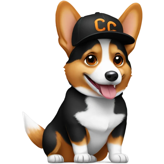 corgi wearing a black baseball hat with a small orange square with white letters "YC" logo emoji