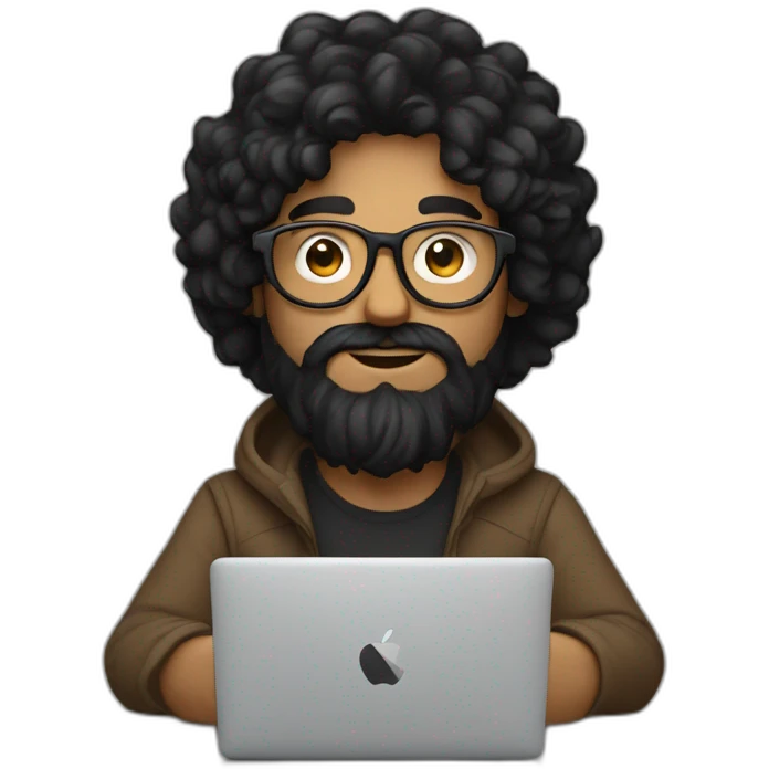 Designer with black hair, beard and glasses working with MacBook and drinking cappuccino  emoji
