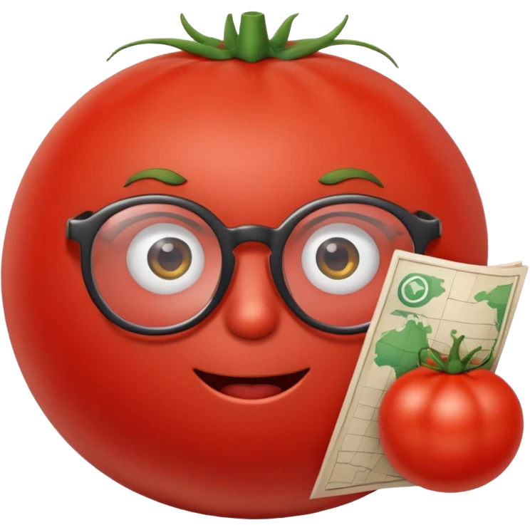 tomato with nerdy features, holding a folded map emoji