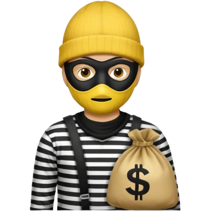 yellow robber wears black eye mask, black beanies and black and white stibes shirt with one brown money bag beside him emoji