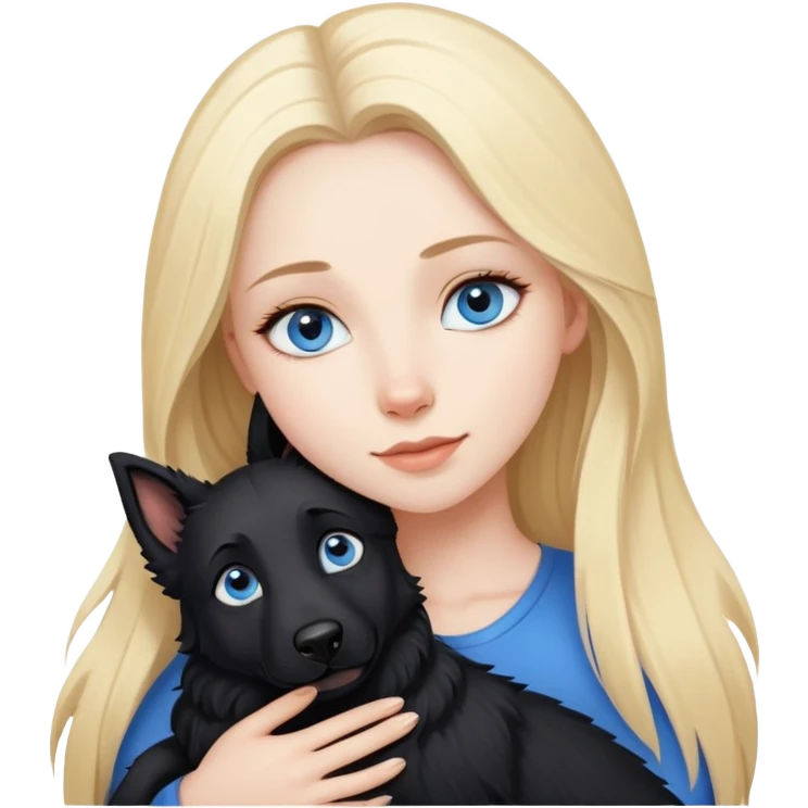 pretty woman with pale skin and who has BLUE eyes and very long blonde hair and is  hugging a black shepherd dog. The dog has brown eyes but the woman has blue eyes.  emoji