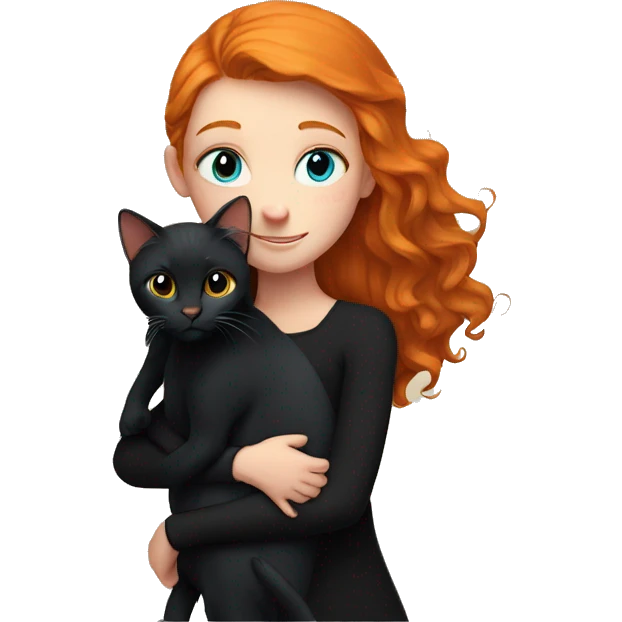 Ginger girl with blue eyes hugging black cat emoji