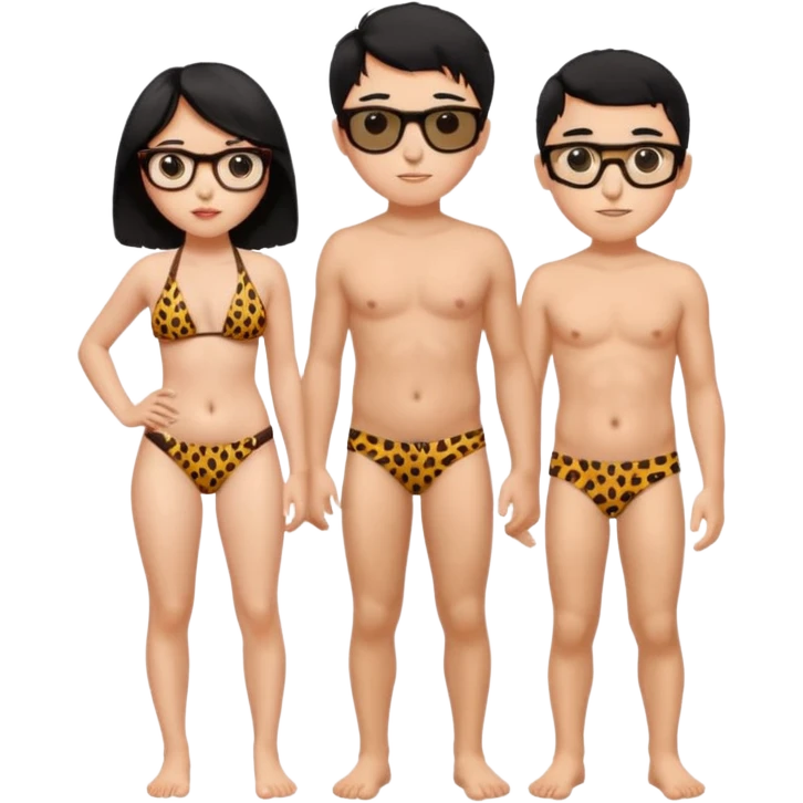 black haired girl with big boobs with shades on... wearing a cheetah print bikini standing with a boy with black hair wearing glasses and shirt less emoji