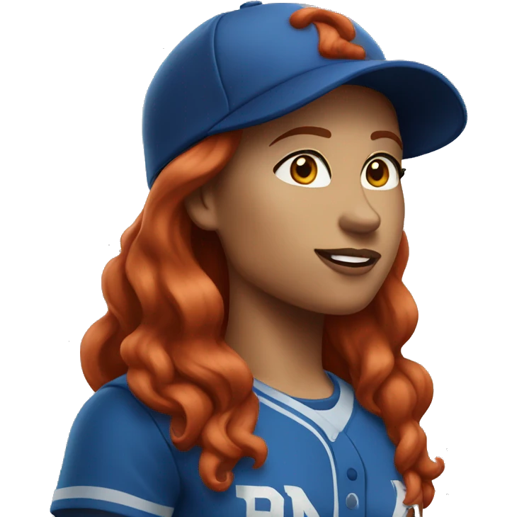 standing female coach with long red hair, wearing a white t-shirt and a simple blue baseball hat emoji
