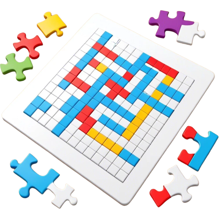 A colorful puzzle piece, a crossword magazine, a 3D puzzle, and a partially completed puzzle picture on a table. Bright colors, modern style. Transparent background, suitable for puzzles and brain games. emoji