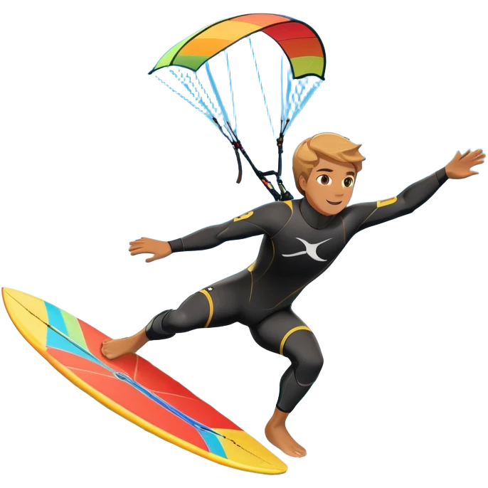 An athlete in a wetsuit riding a kiteboard, soaring over the sea waves with the kite high in the sky. The background features a vibrant blue sky and crashing ocean waves, capturing the thrill and freedom of kitesurfing in dynamic motion. emoji