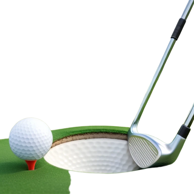 A golf ball on a tee with a golf club placed beside it, set against the backdrop of a well-manicured green golf course. The scene emphasizes the equipment and serene atmosphere of the sport, with soft lighting and a peaceful, open landscape emoji