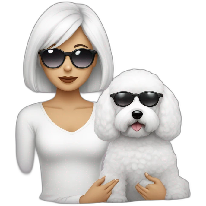 mujer piel blanca cabello obscuro largo con gafas  y perro bichon blanco emoji