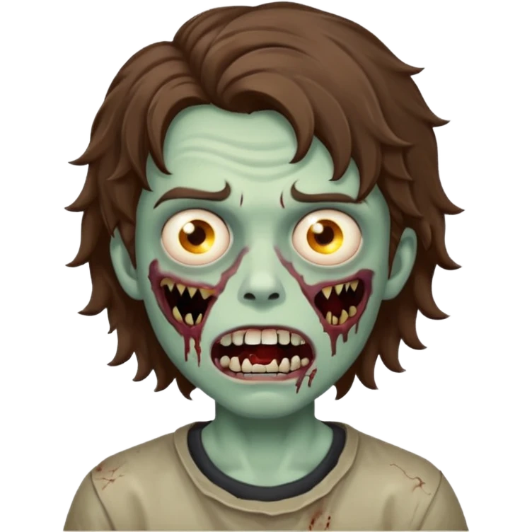 a boy with wavy hair, a zombie-shaped mouth piercing hum emoji