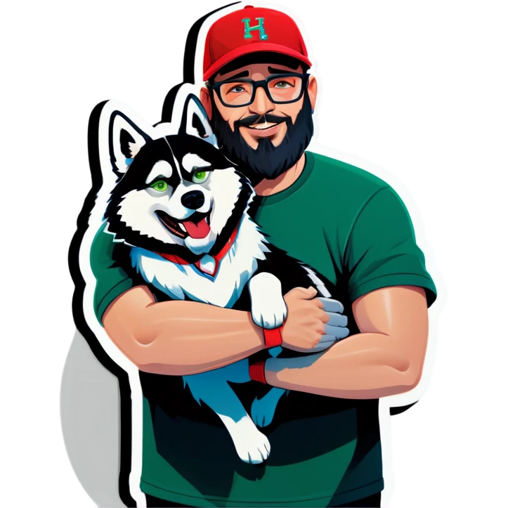 A bold man with a grey baseball cap, green eyes, big beard and glasses hugging a husky emoji