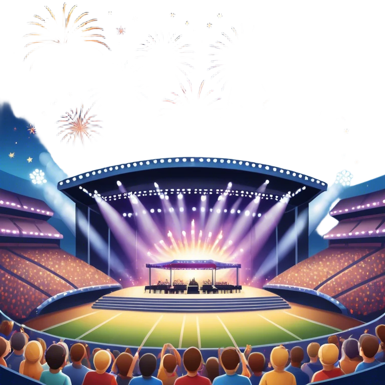 An icon showing a stadium stage with a concert in full swing, bright stage lights illuminating the performers, and fireworks bursting in the sky. The excitement of the crowd is palpable, symbolizing a love for live music and unforgettable shows. transparent background. emoji