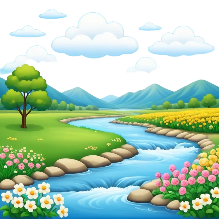 landscape with river, flowers, and clouds emoji