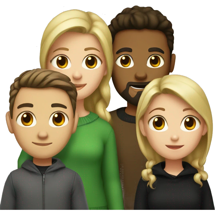 two girls and one guy. one of the girls is a blonde in a green sweater, the other has brown hair and a black sweater, in the middle is a guy with dark hair and a beard emoji