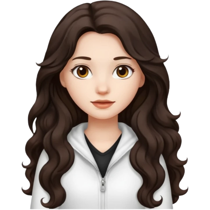 A girl in white with dark brown long wavy hair and very white skin emoji