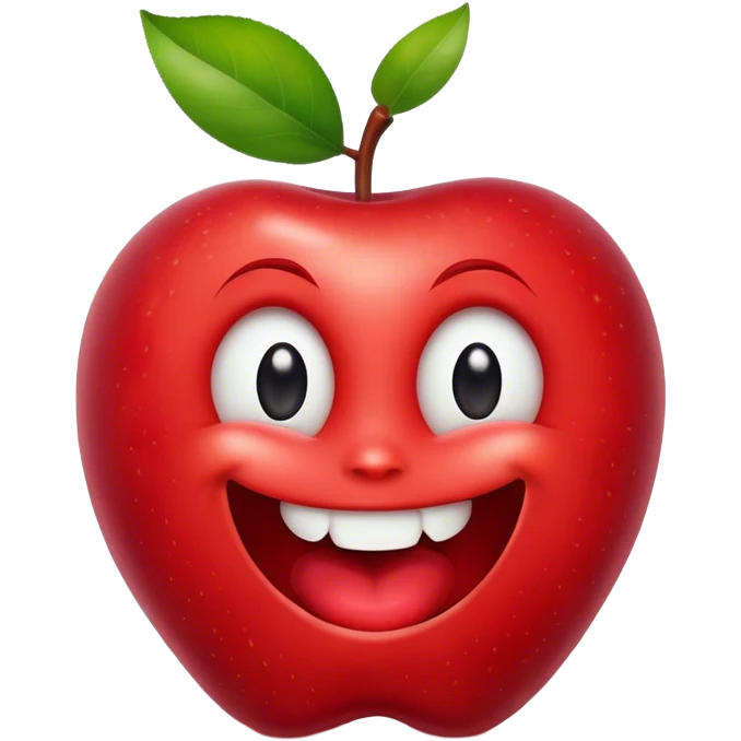 A bitten apple, shaped like the Apple logo, with a big smile and expressive eyes emoji