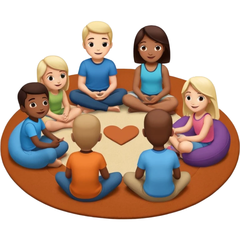 создай стикер где ребята сидят и обсуждают на утреннем круге какую то историю поддерживающая атвосверав, ребята сидят в полукруге на коврике и на мягких мешках emoji