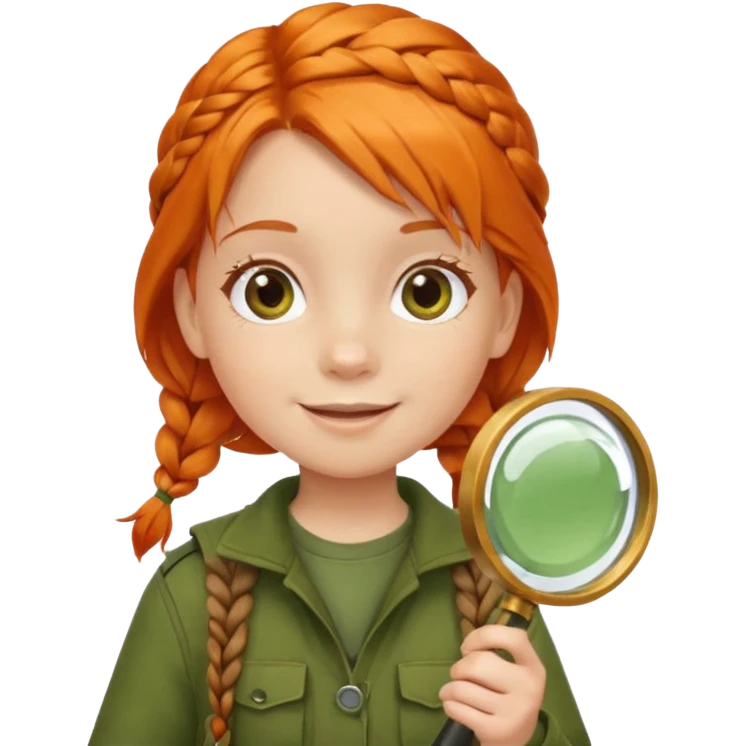 braid orange haired girl kid in moss green explorer outfit, holding magnifying glass, smile emoji