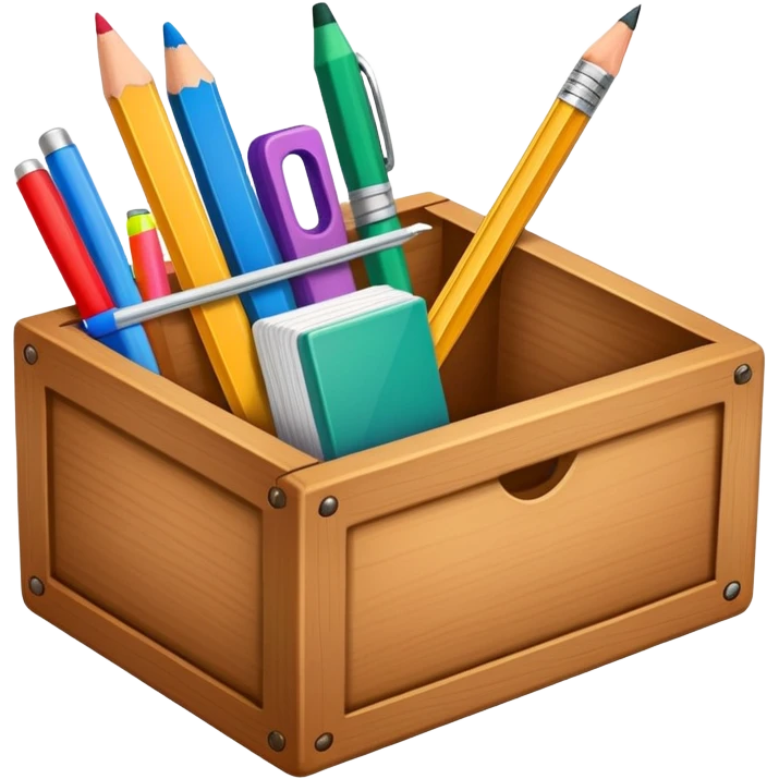 small box of teaching supplies with a pencil, ruler, and markers sticking out emoji