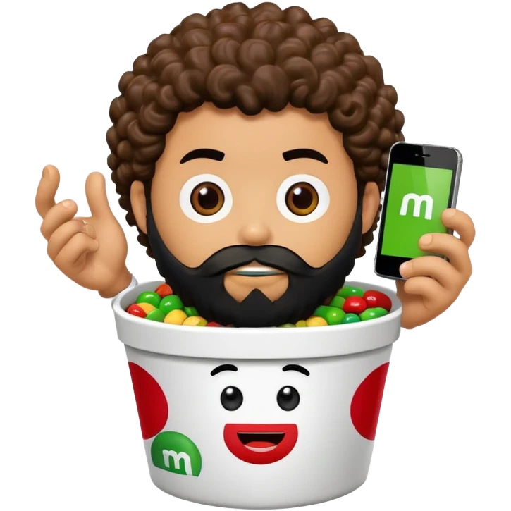 KFC bucket with a green M&M character sitting inside it, the M&M has a black beard, curly hair, and is holding an iPhone emoji