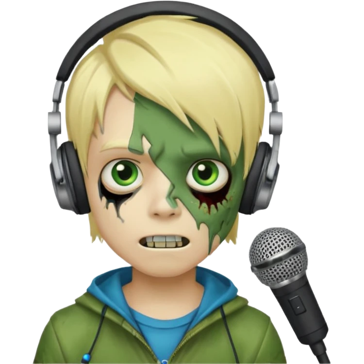 boy zombie whit blonde emo hair and eyes blue and GREEN SKIN and heandphones AND A MICROFONE AND GOLD TEETH  emoji