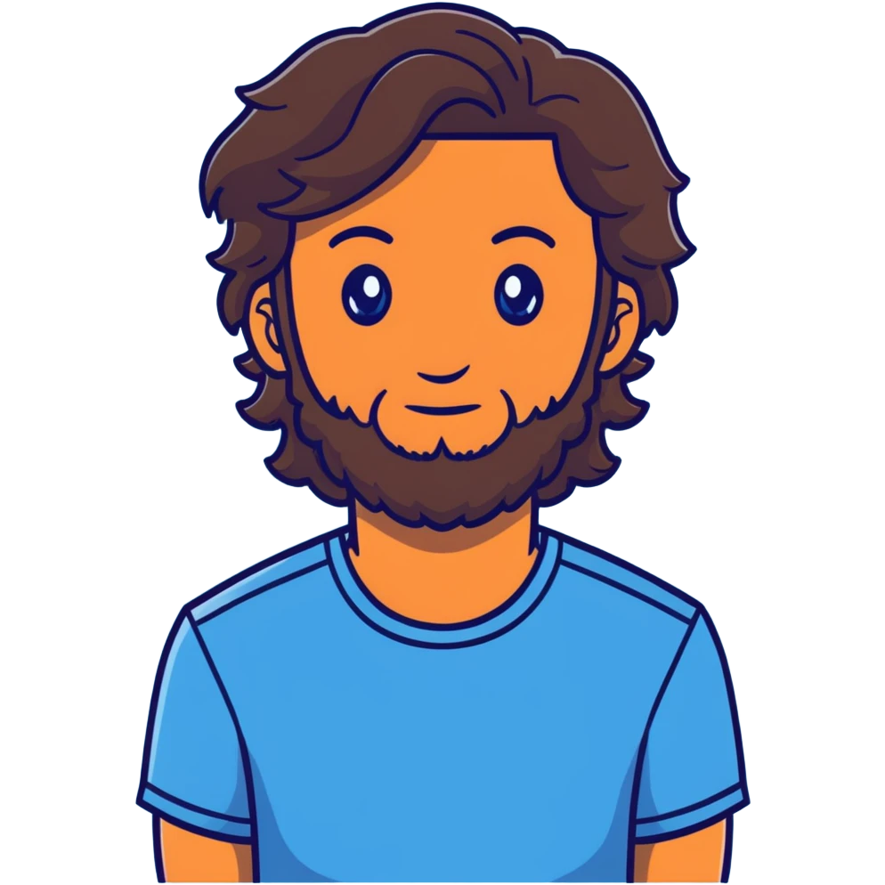 Lebanese man with one blue eye and one brown eye, dark brown longish wavy hair, light beard, closed mouth, kind expression, blue shirt emoji