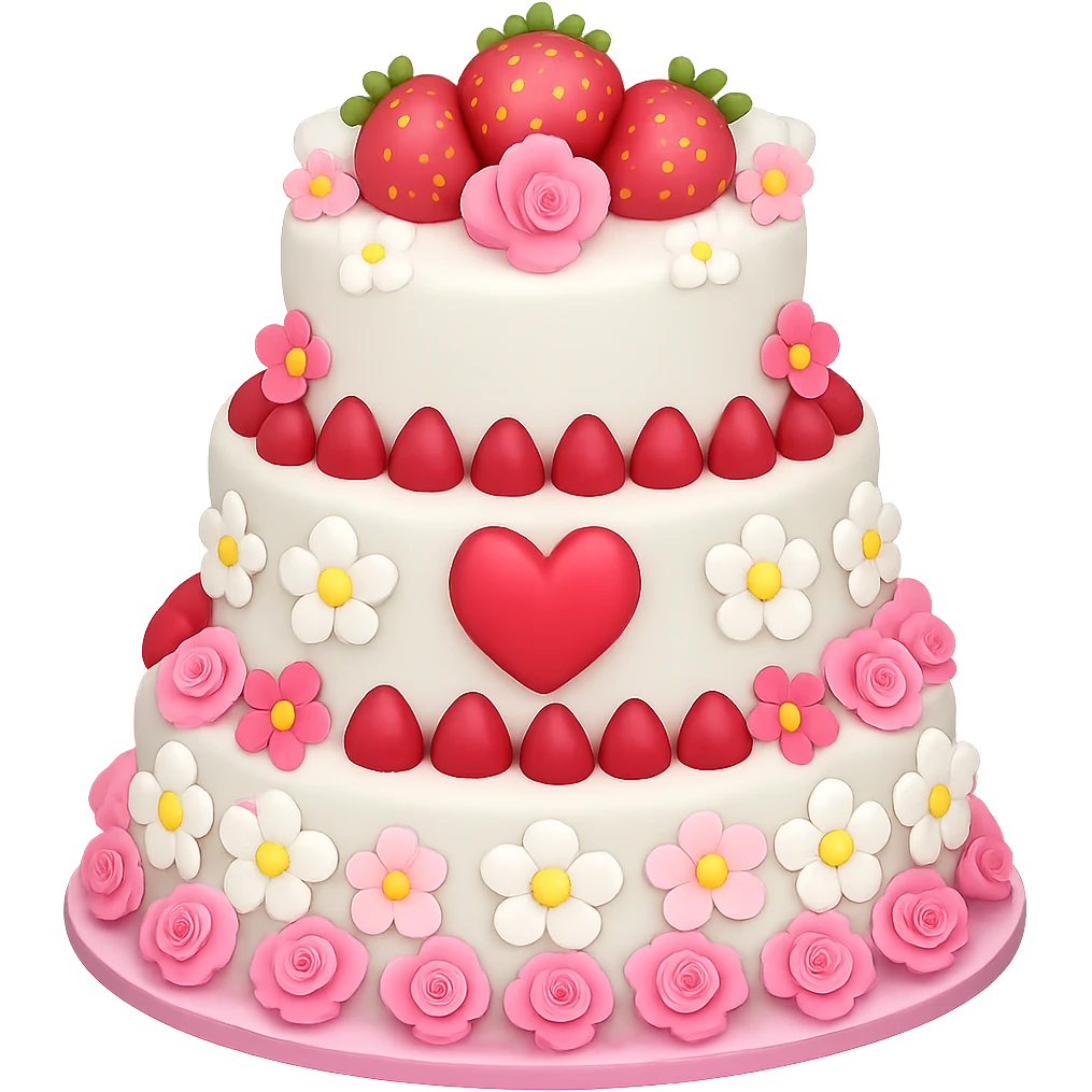 Add even more pink and white flowers to the white wedding cake with strawberries and heart topper in emoji style, with no background. The style should resemble emoji style with vibrant colors and simple shapes. emoji
