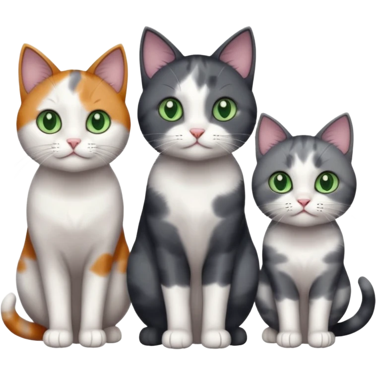 3 different coloured small cats including a dark grey and white, and a patchy calico and a completely solid dark grey with green eyes and only white paws emoji