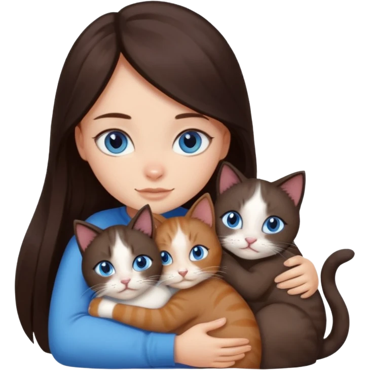 a girl with long dark 
brown hair, with blue eyes, hugs 3 different natural coloured cats emoji