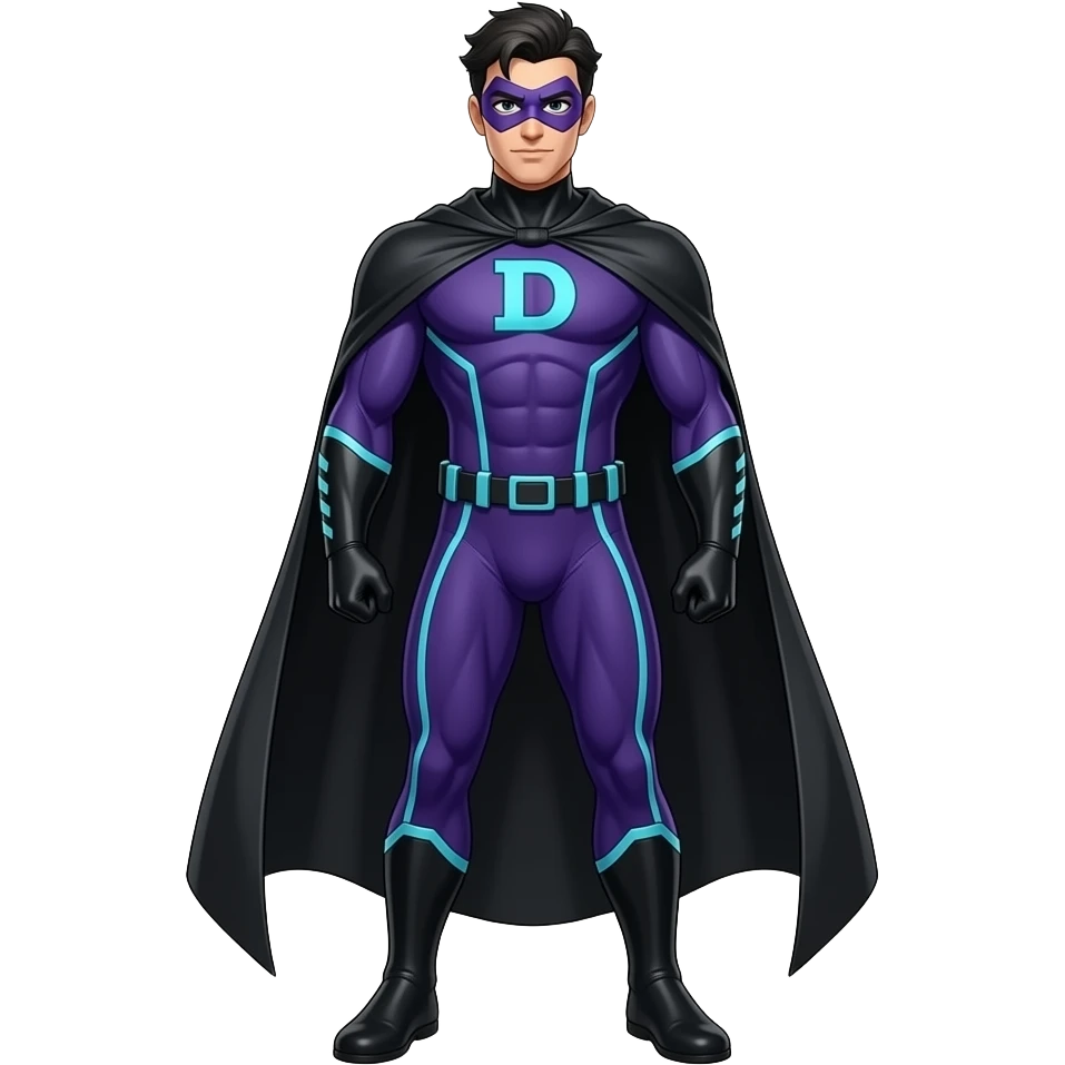 Anime men superhero suite look superstrong dark purple and cyan lines long black cape letters D purple masks full body emoji