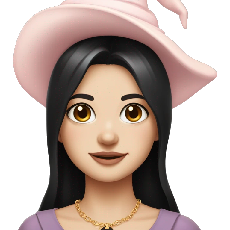 Witchy chocolate black haired brown eyed light freckles white girl with a witty smile a gold necklace and a black witch hat with a baby pink bow emoji