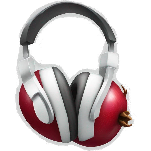 An IOS, Apple designed pomegranate emoji wearing headphones, facing to the right slightly. No face features. White background. Simple design. emoji