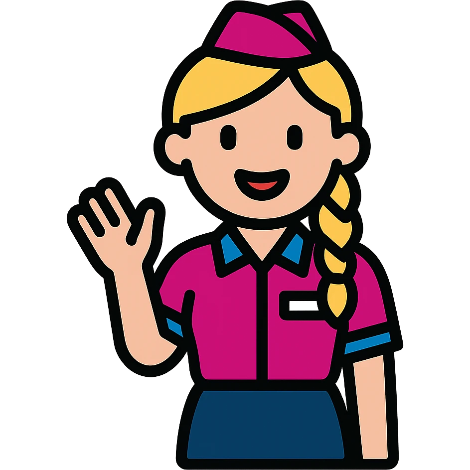 cartoon vector emoji of a Wizz Air flight attendant, blonde hair in side braid, vivid pink shirt with blue accents, navy skirt, name tag, upright and waving, stylized friendly flat design, matching colors of uniform, hair, and skin from reference photo, transparent background emoji