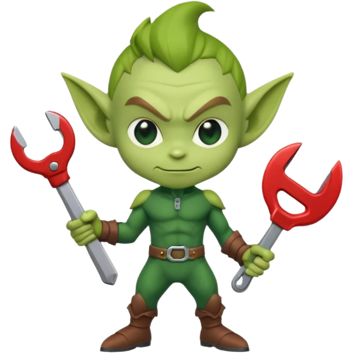 short green goblin, hold a wrench, cute chibi full body emoji